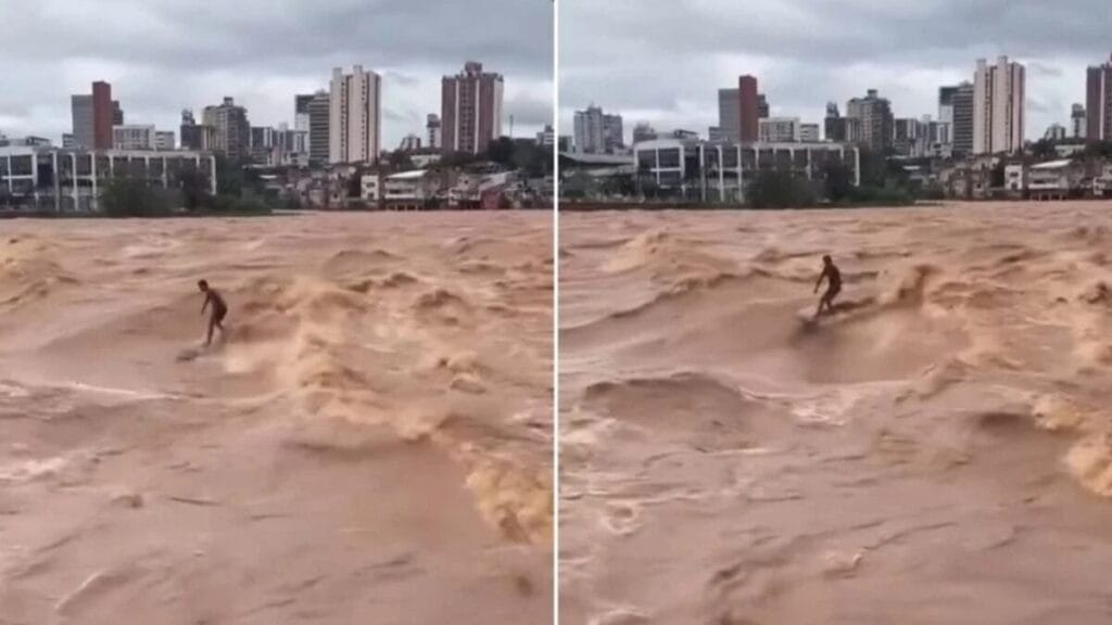 Homem é filmado surfando na cheia do Rio Doce, em Governador Valadares; vídeo