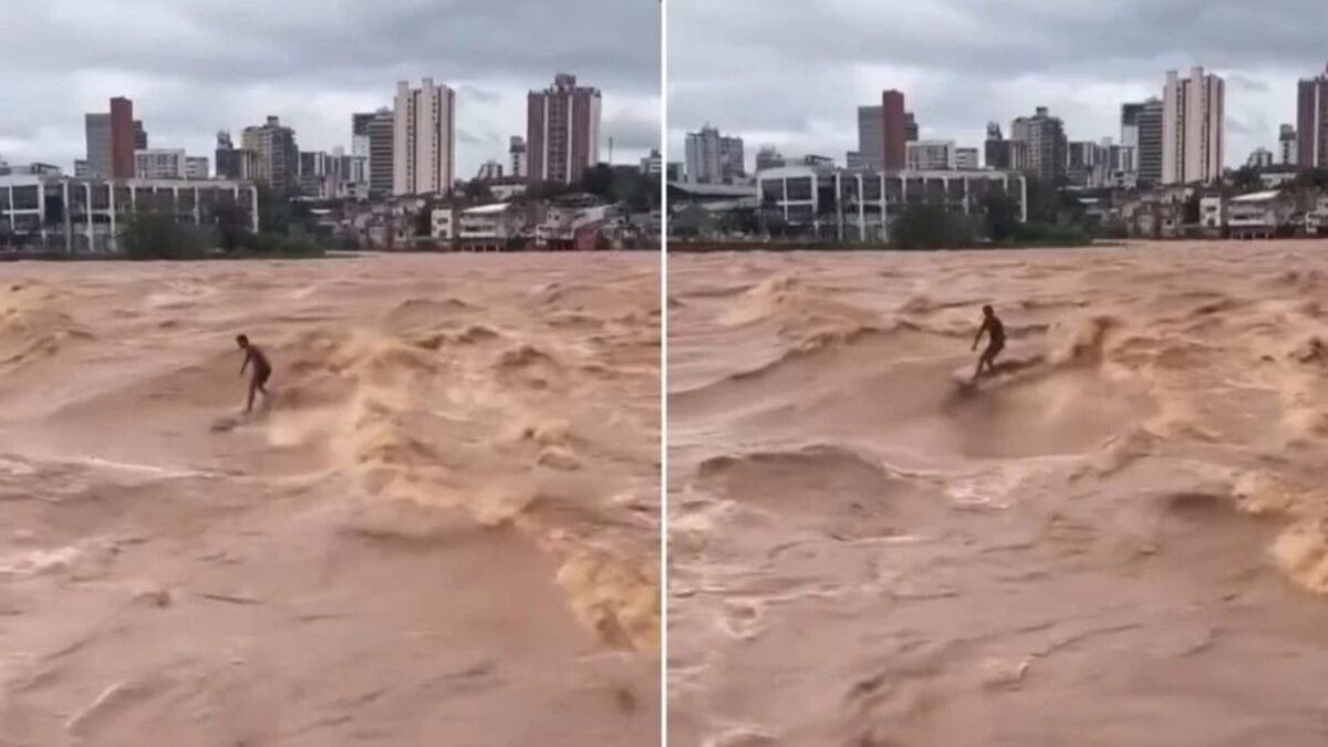 Homem é filmado surfando na cheia do Rio Doce, em Governador Valadares; vídeo “Temos toda uma preparação antes