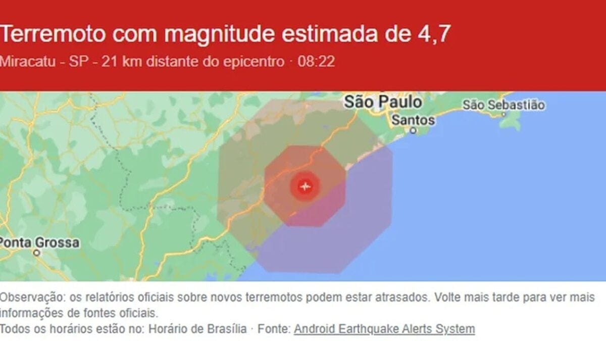 Defesa Civil se pronuncia após alerta de terremoto em São Paulo e Rio de Janeiro Alerta foi disparado as 2h da manhã desta sexta-feira (14)