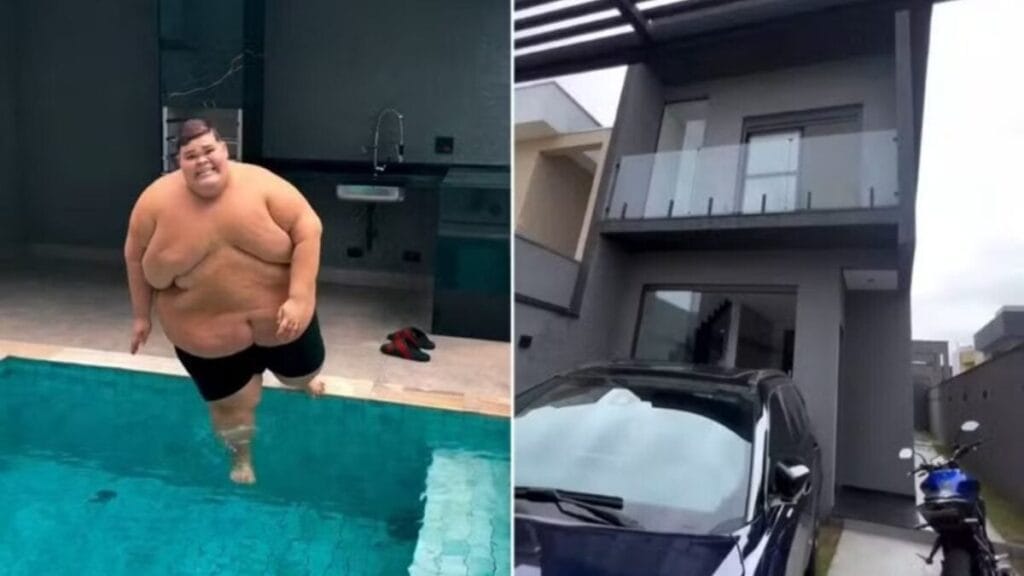 Gordão da XJ inaugura piscina de casa que ganhou ao emagrecer