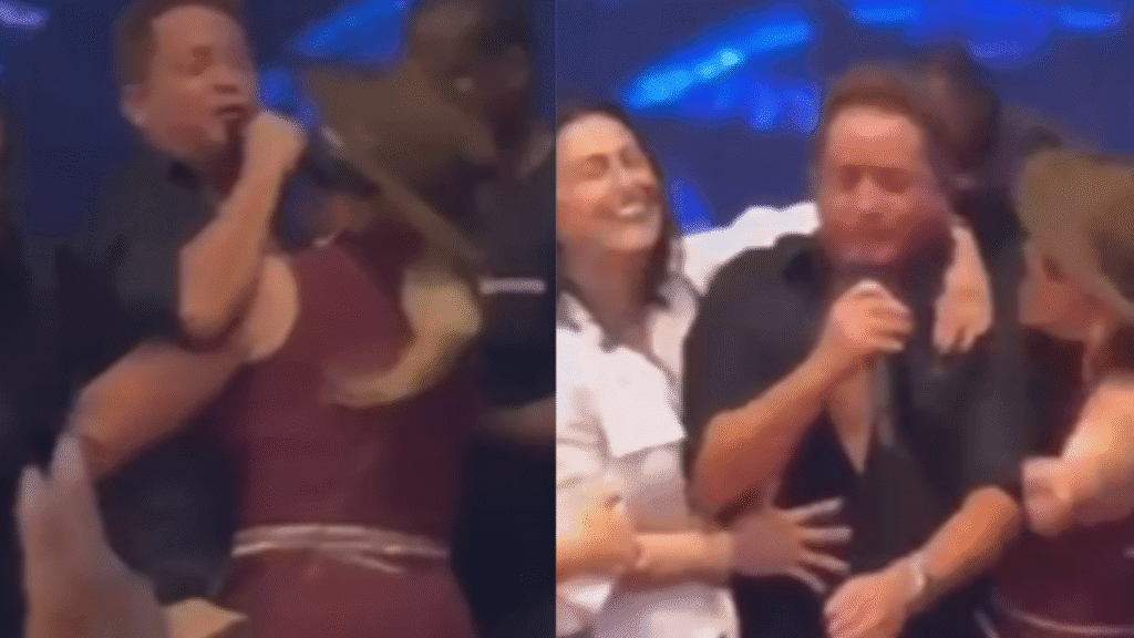 Leonardo é erguido no colo por fã durante show no interior de SP