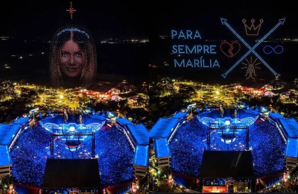 Alok homenageia Marília Mendonça com show de drones em Barretos; vídeo